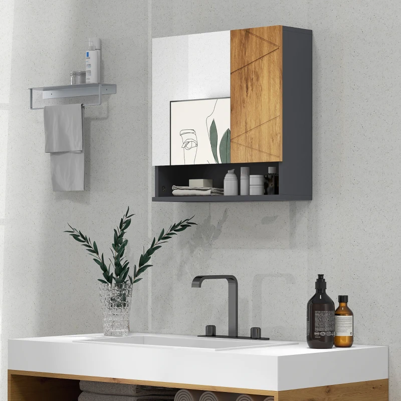 kleankin Armoire murale miroir de salle de bain placard de rangement 2 portes 55 x 17 x 55 cm naturel gris foncé