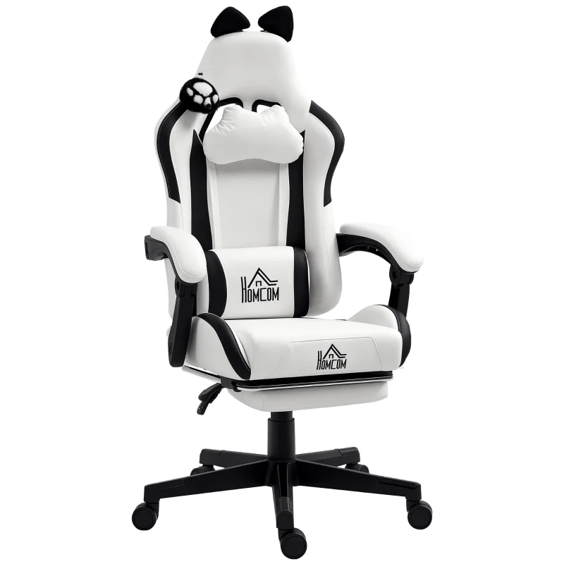 HOMCOM Chaise gaming ergonomique avec Oreilles de Chat, fauteuil gamer avec dossier inclinable, 65 x 62 x 124 cm, blanc