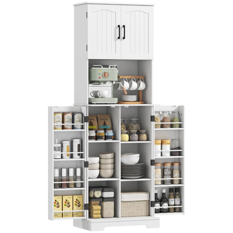 HOMCOM Buffet haut cuisine armoire de cuisine, 4 portes plan de travail 8 porte-épices étagères réglables 60x40x181,5cm blanc(m-11)