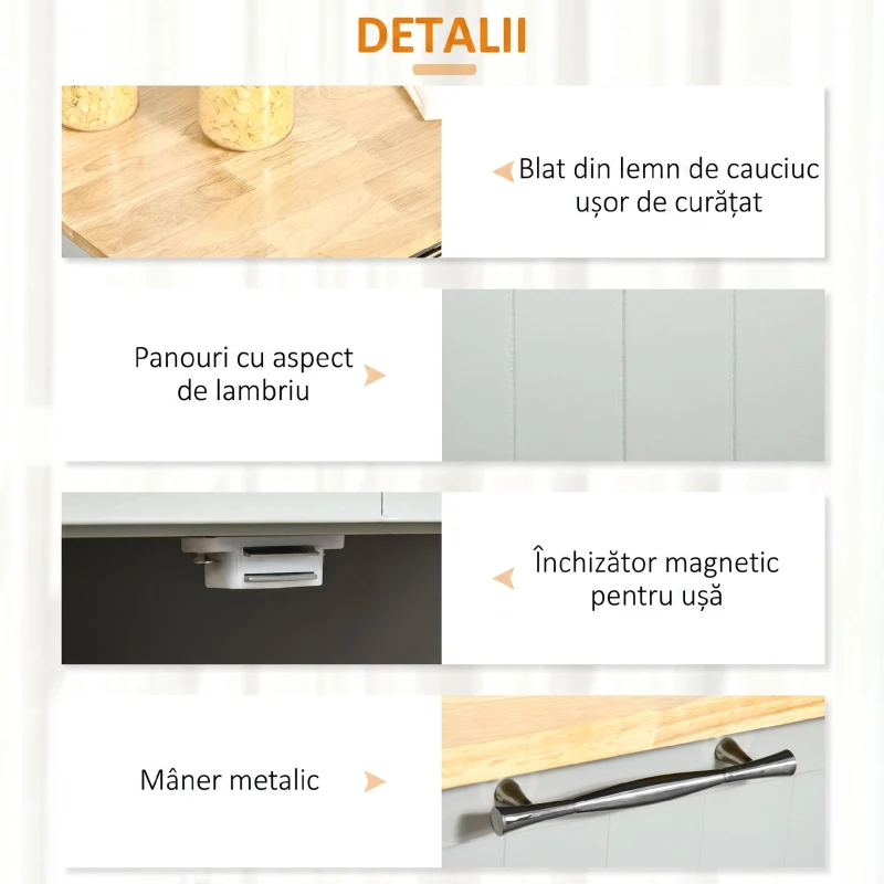 HOMCOM Dulap de Bucătărie Multifuncțional din Lemn cu 2 Sertare, Dulap și 4 Roți, 104x46x91cm, Gri