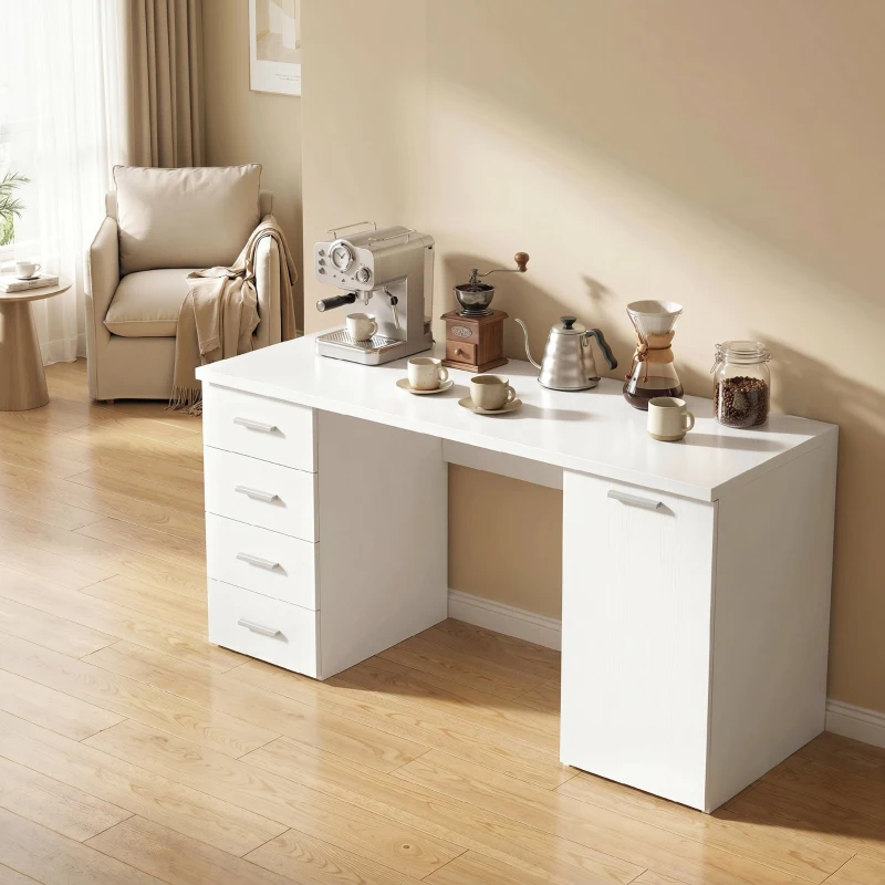 HOMCOM Computertafel met 4 laden en kast, 140 cm bureau voor werkkamer, witte houtlook