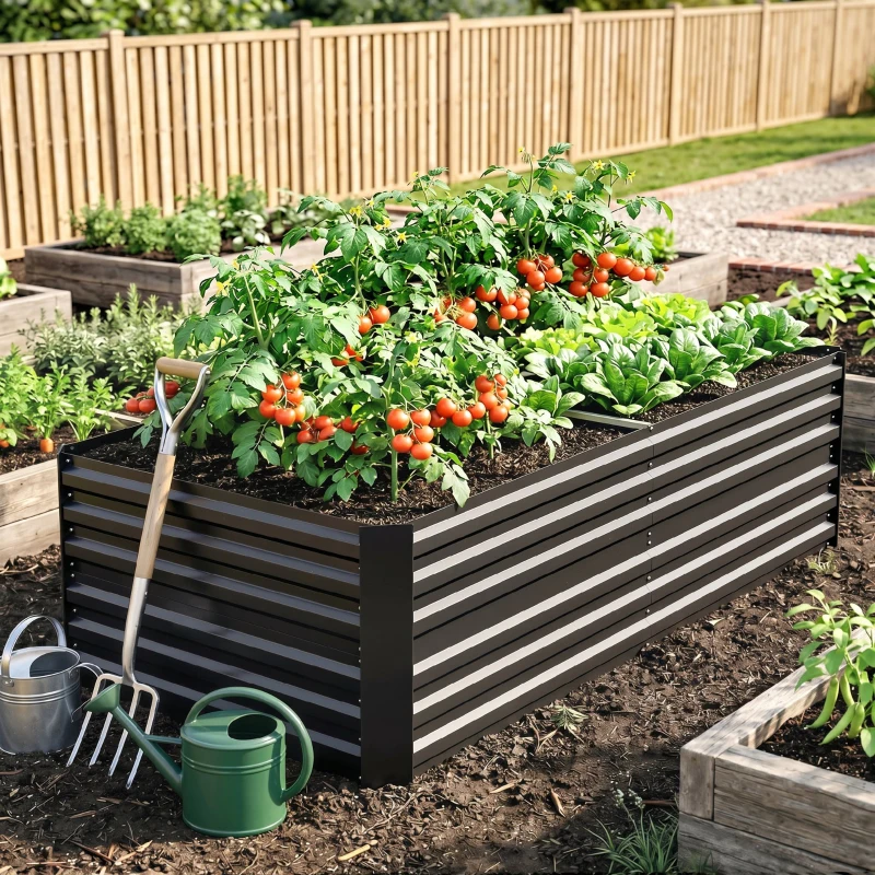 Outsunny Pflanzenkübel, Handliches Blumenbeet zum Anpflanzen, Hegen und Pflegen, Hochbeet, Stahl, Dunkelgrau