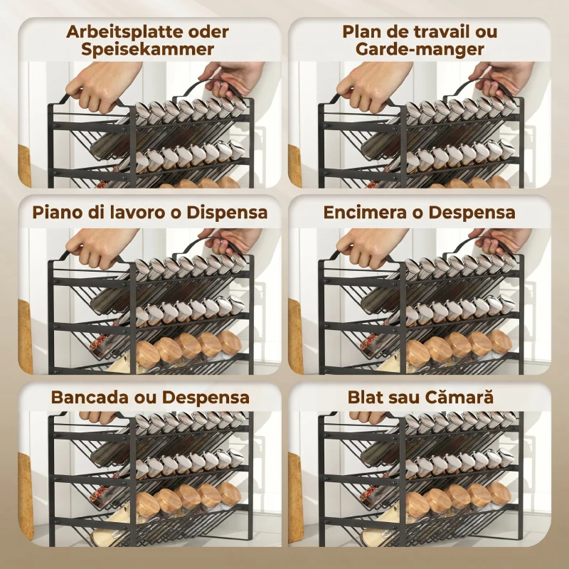 HOMCOM Suport pentru condimente de bucătărie cu 3 niveluri, organizator economisitor de spațiu cu rafturi înclinate din metal, negru