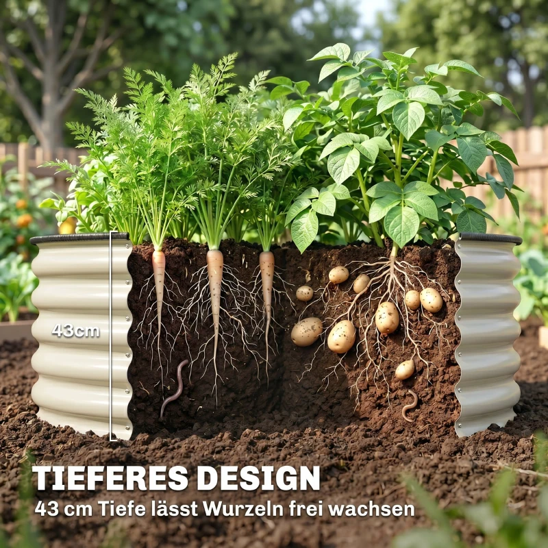 Outsunny Hochbeet, Verzinkter Pflanzkübel mit Sicherheitsrand, Pflanzbox mit offenem Boden, 120 x 120 x 43 cm, Cremeweiß