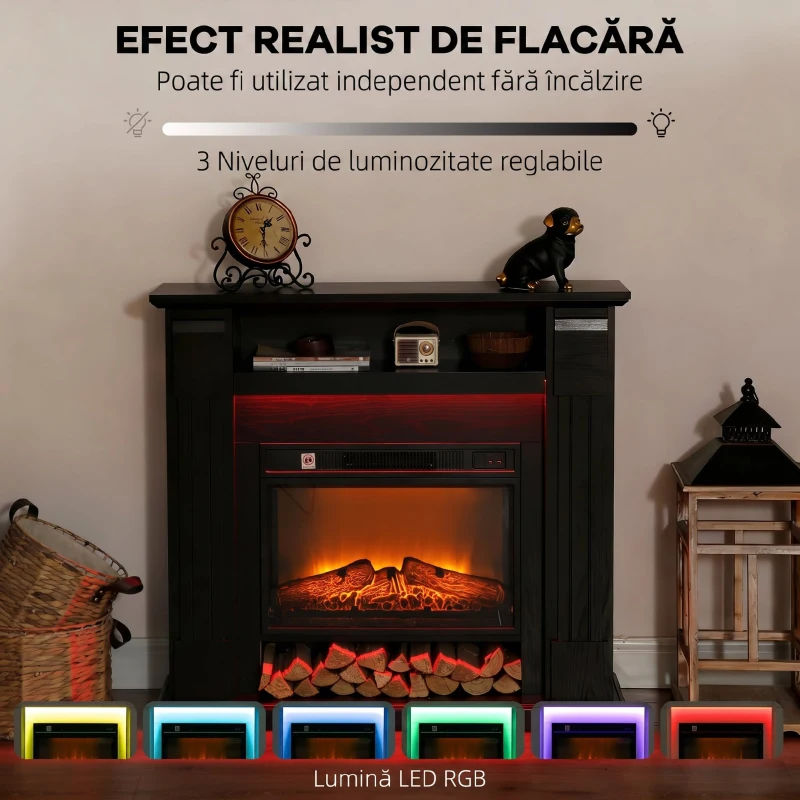 HOMCOM Șemineu Electric de 1800W Reglabil cu Flacără 3D, Raft, Timer și Telecomandă, 105x27x97 cm, Negru
