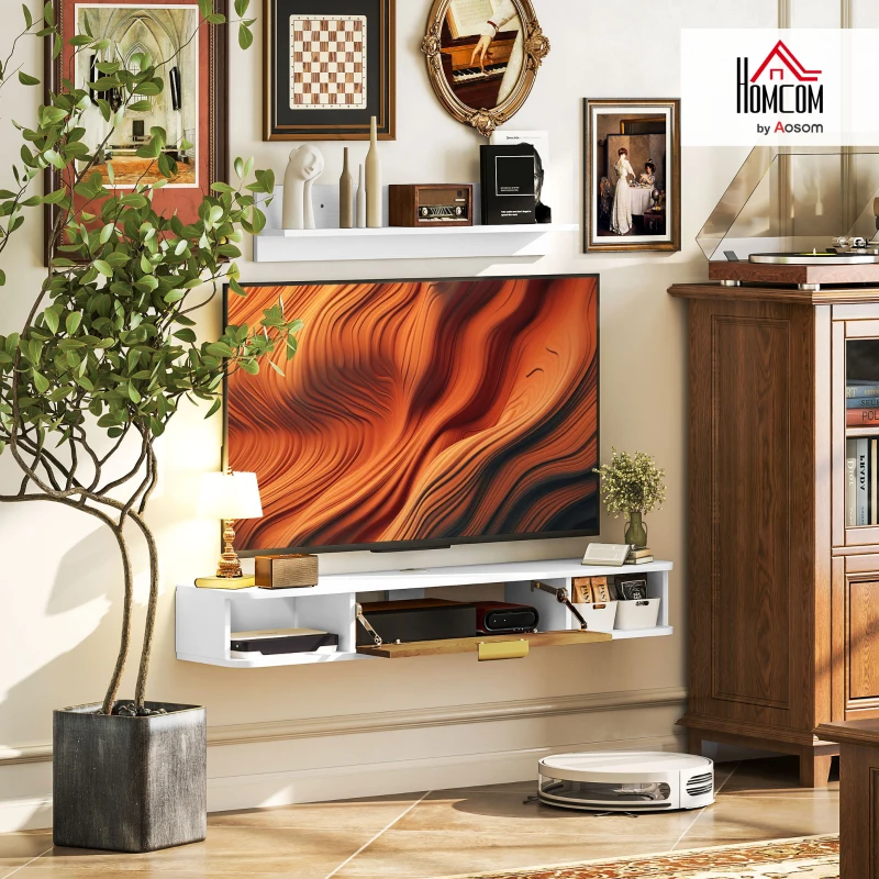 HOMCOM Ensemble meuble TV suspendu avec étagère murale meuble télé bois mural passe-câbles 120 x 24 x 16 cm blanc