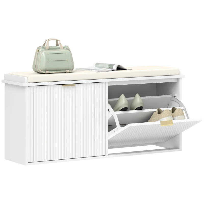 HOMCOM Banc à chaussures avec coussin d'assise rembourré et tiroir rabattable pour couloir, chambre, 104 x 26 x 47,5 cm, blanc