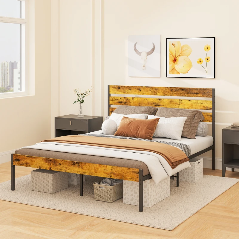 HOMCOM Cadre de lit double en acier avec sommier et tête de lit compatible matelas 160 x 200 cm, style industriel