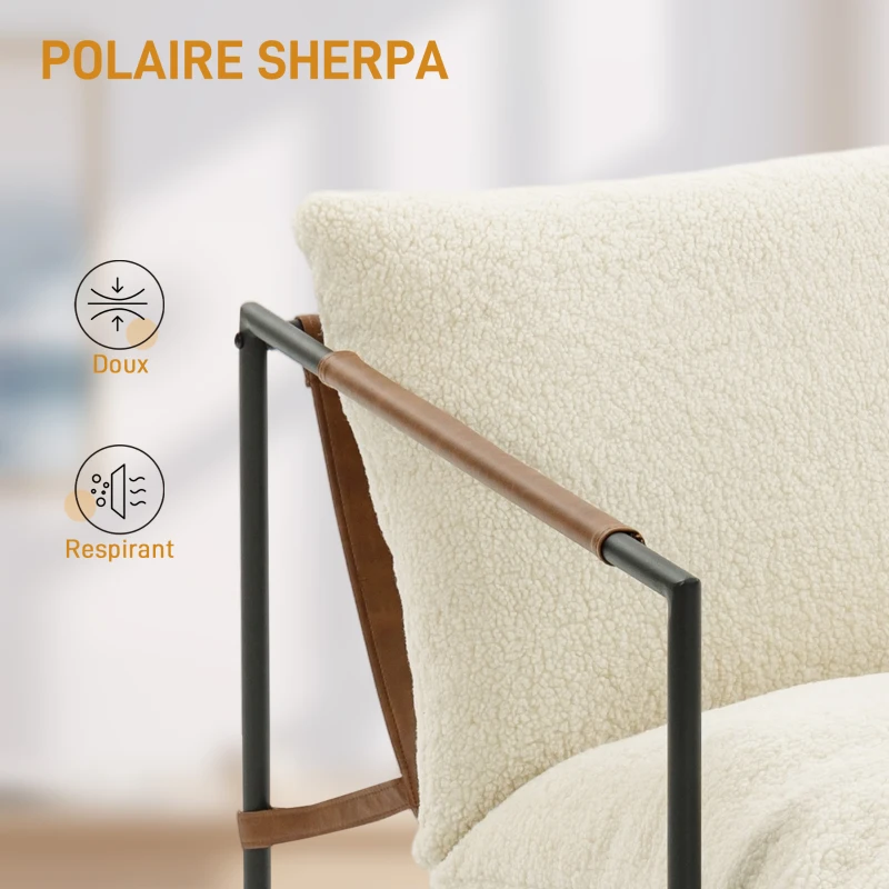 HOMCOM Fauteuil salon, fauteuil d'appoint rembourré en tissu bouclette, large assise et structure en acier, 77x91x80cm, crème