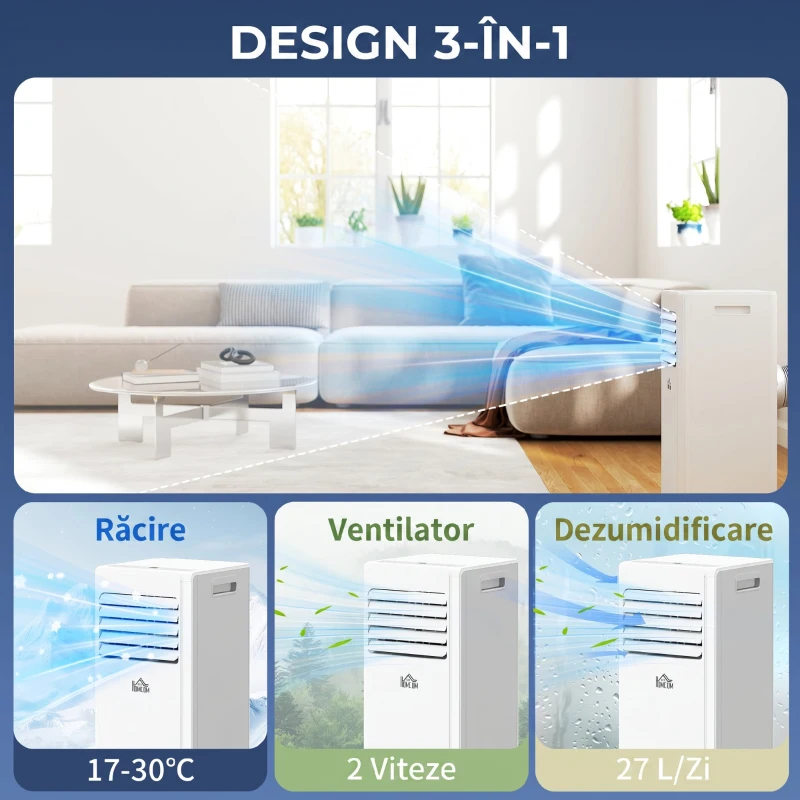 HOMCOM Aer condiționat portabil 4 în 1 cu dezumidificator, cronometru 24 de ore și telecomandă, alb