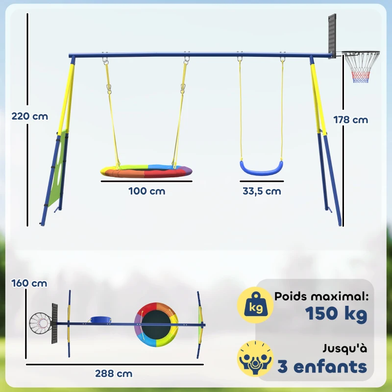 AIYAPLAY Balançoire Portique Enfants 4-en-1, avec Balançoire Nid, Panier de Basket et Cage de Football, Aire de Jeux, Multicolore