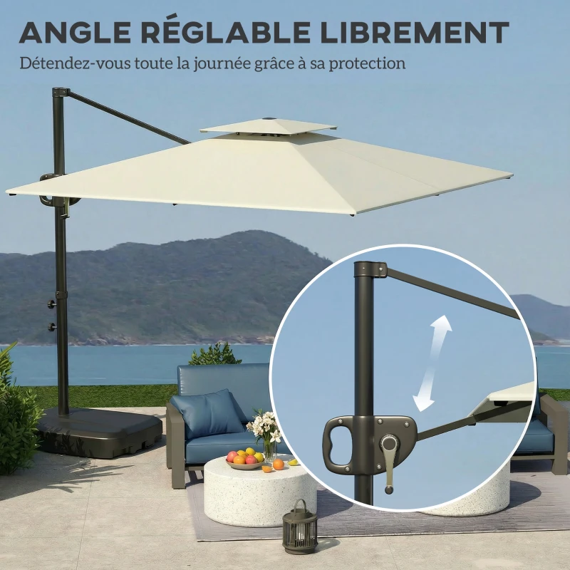 Outsunny Parasol déporté carré 2,5 x 2,5 m, parasol de jardin extérieur, Double Toit, inclinable, 2 bases, manivelle, Crème