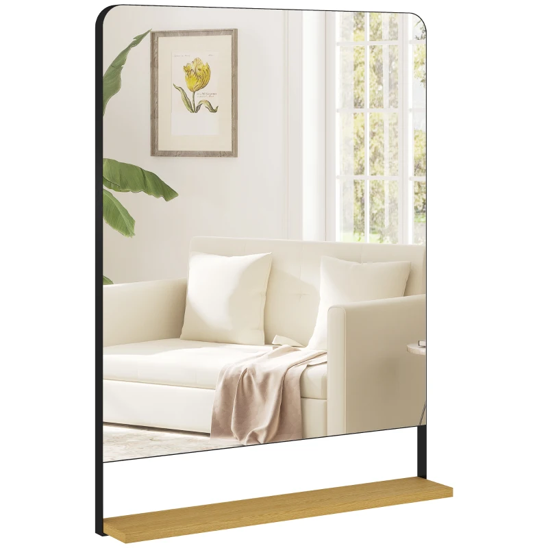 HOMCOM Miroir mural 80 x 60 cm avec étagère en bois, miroir rectangulaire moderne avec cadre en métal, noir