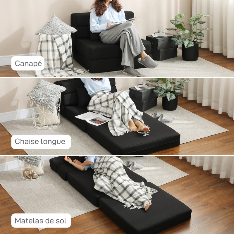 HOMCOM Fauteuil convertible 1 place fauteuil lit pliant, coussin inclus, pour invités, salon, petit espace, charge 120 kg, noir