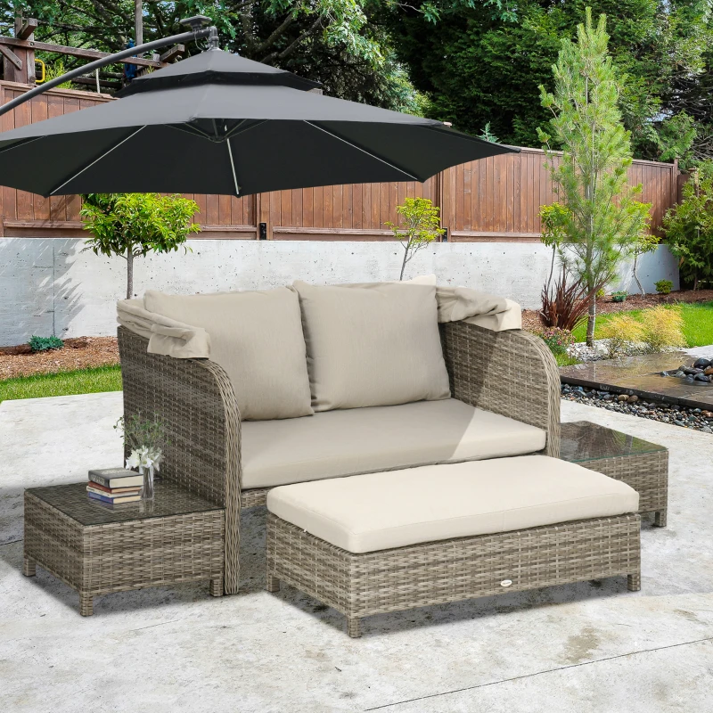 Outsunny Ensemble salon de jardin 4 pièces canapé 2 places + 1 repose-pieds + 2 table basse avec coussins beige marron