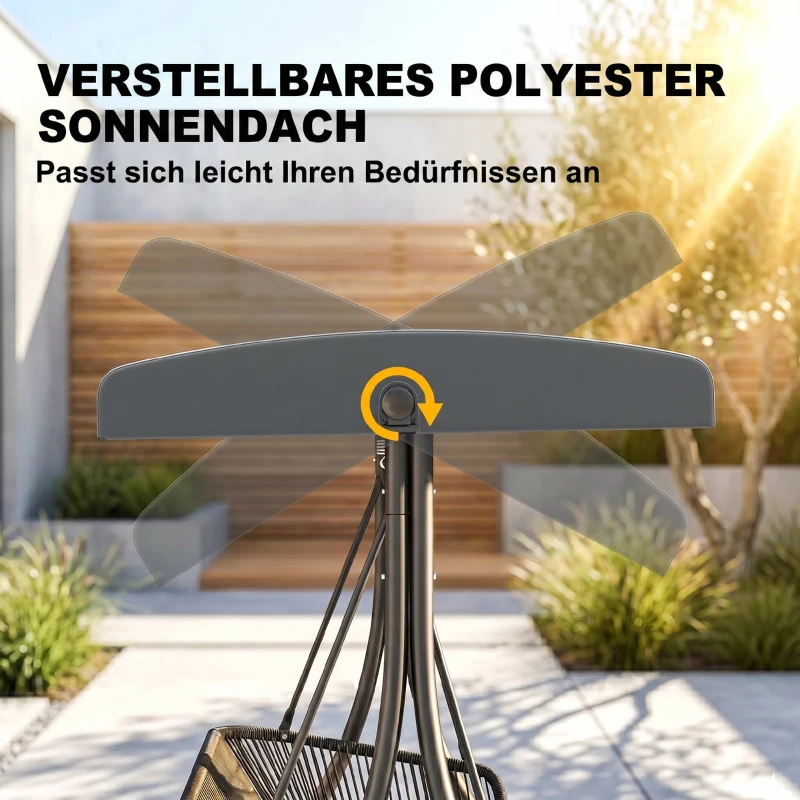 Outsunny Hollywoodschaukel Rattan 2-Sitzer Gartenschaukel mit Verstellbarem Sonnendach weichem Kissen A-Rahmen Dunkelgrau