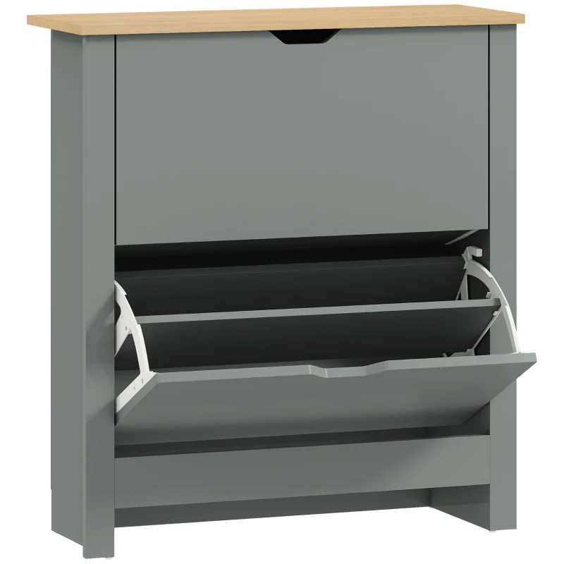 HOMCOM Meuble à chaussures 12 paires, armoire à chaussures étroite avec 2 tiroirs rabattables et étagères réglables, gris clair