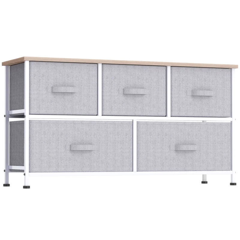 HOMCOM Commode meuble de rangement 100 x 30 x 54 cm 5 tiroirs non-tissés gris structure acier blanc bois clair