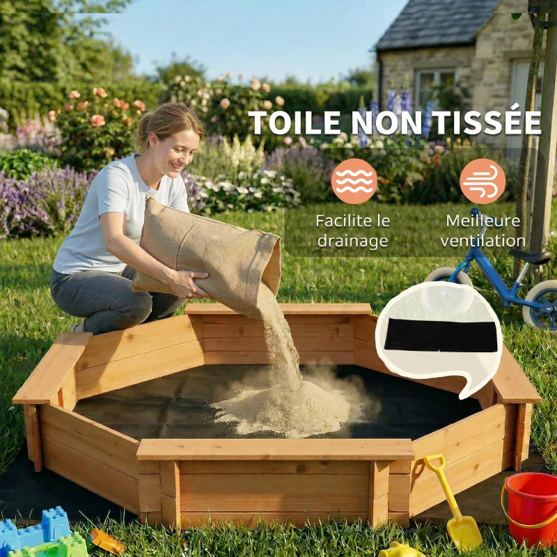 Outsunny Bac à sable en bois massif, octogonal, 140x140x21,5cm, 4 bancs avec bâche de couverture et sol non tissé, protection UV, facile à installer, jeux extérieur pour jardin, maison, plage, orange