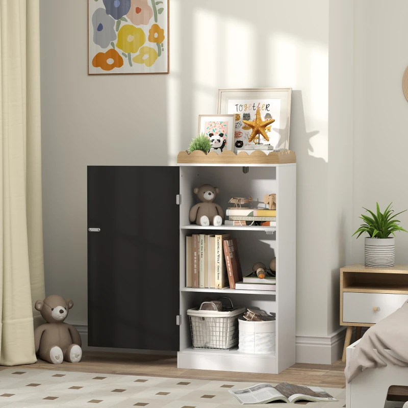 AIYAPLAY Meuble rangement enfant, rangement jouet enfant avec porte en tableau noir, 3 casiers et plateau supérieur, blanc