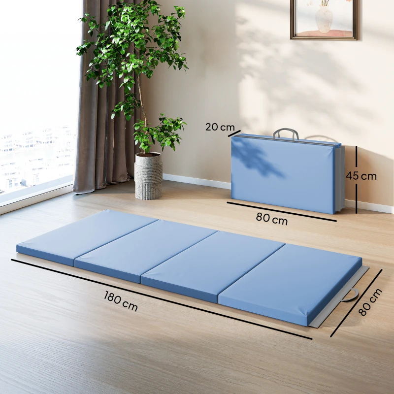 HOMCOM Tapis de gymnastique yoga pilates fitness pliable en 4 avec poignées revêtement synthétique 180 x 80 x 5 cm bleu clair