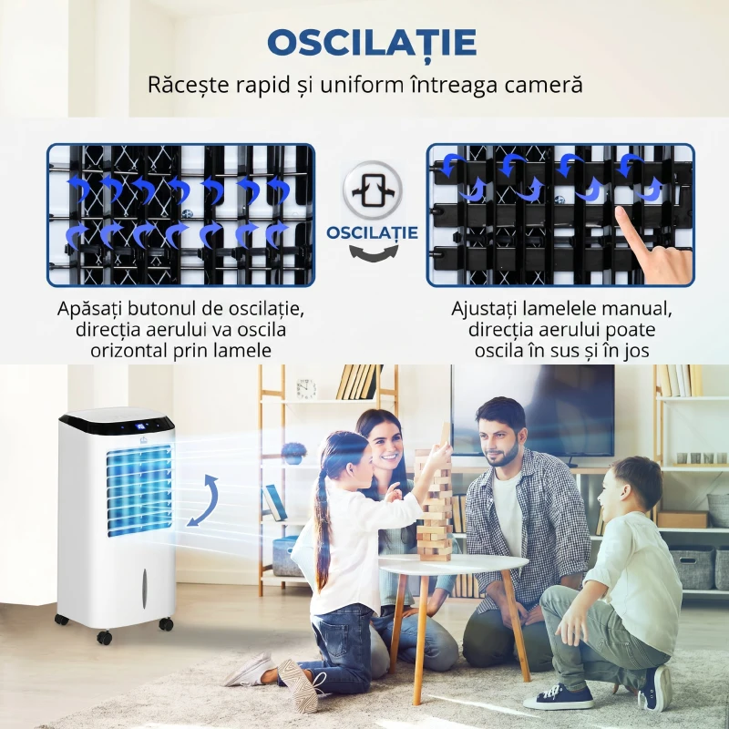 HOMCOM Răcitor 4 în 1 de 10L cu Umidificator, Timer 8h și Telecomandă, 38.2x31.6x76 cm, din ABS, Alb și Negru