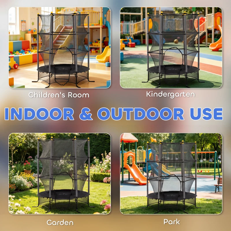 HOMCOM Trambulin Elastic pentru Copii Ø1.6x1.9 m cu Plasă de Siguranță și Stâlpi Căptușiți, Vârsta 3-10 Ani, Negru