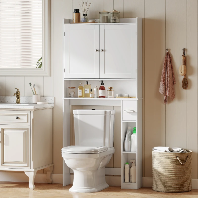 HOMCOM Meuble WC dessus de toilette ou machine à laver, 2 portes, 3 compartiments, porte-papier toilette, 80x19,5x170cm, blanc