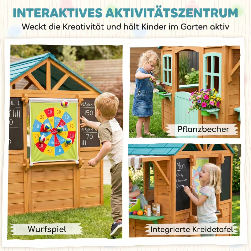AIYAPLAY Outdoor Kinderspielhaus mit Verkaufstheke Pflanzenkasten Kreidetafel Zieltuch 4 Ball 142 x 120 x 141,5 cm Mehrfarbig