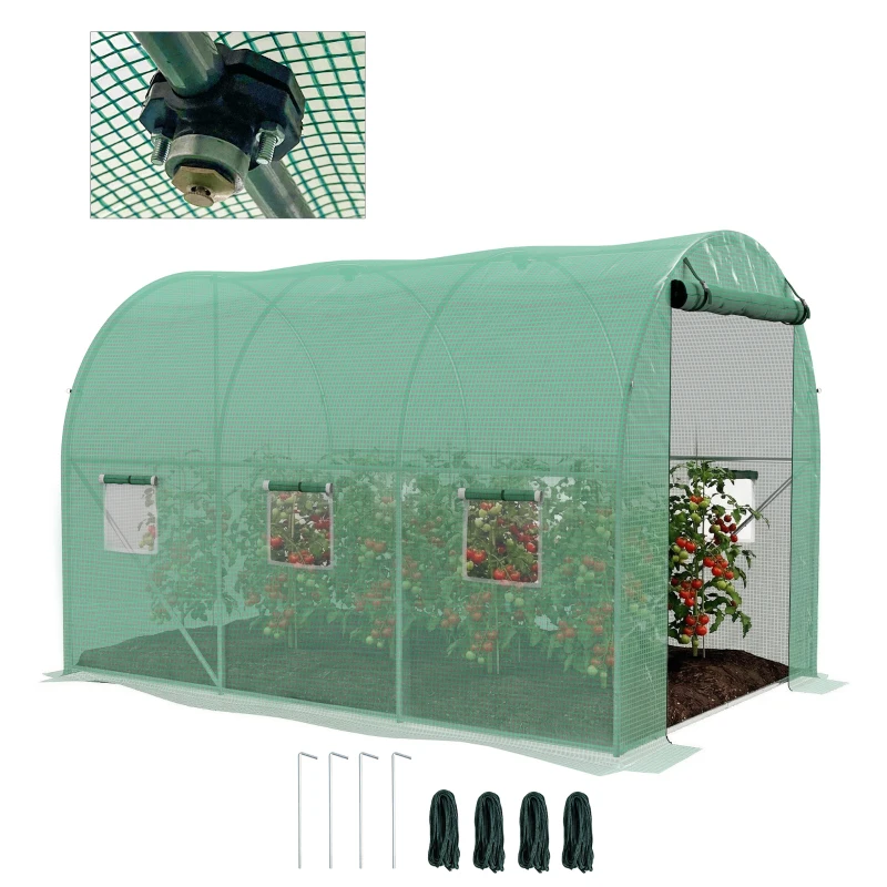 Outsunny Serre de Jardin Tunnel 6 m² avec système d'arrosage intégré, 3L x 2l m 6 fenêtres Porte enroulable Vert