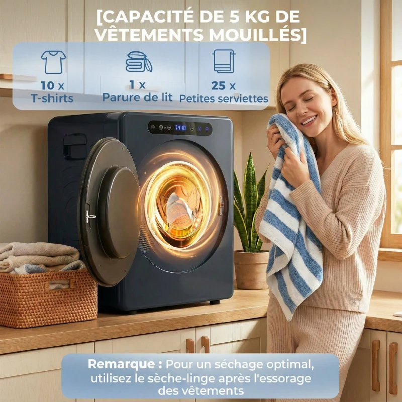 HOMCOM Sèche linge à évacuation, sèche-linge électrique 1000 W 3 Kg, 6 modes de séchage, minuterie, acier inoxydable, bleu