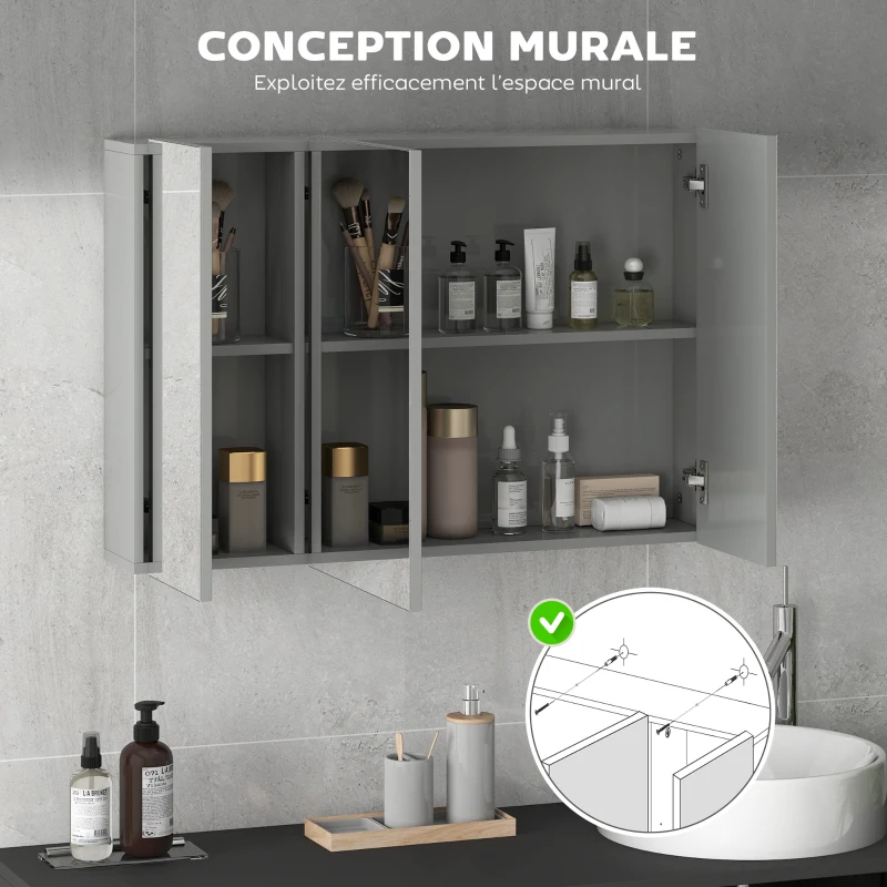 kleankin Armoire murale de salle de bain avec 3 portes miroir et étagères réglables en MDF Gris dim. 90L x 15l x 60H cm