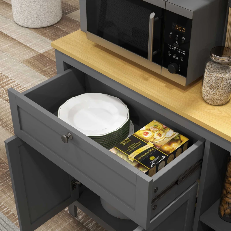 HOMCOM Armoire de cuisine buffet cuisine 5 portes dont 2 portes vitrées et 1 tiroir, 1 niche centrale - hauteur 180 cm gris