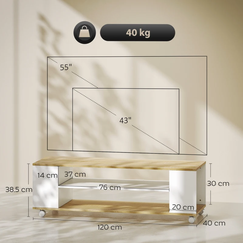 HOMCOM Mobilier TV cu roți 120 cm, mobilier TV pentru televizoare până la 140 cm, 2 rafturi deschise, alb și natural