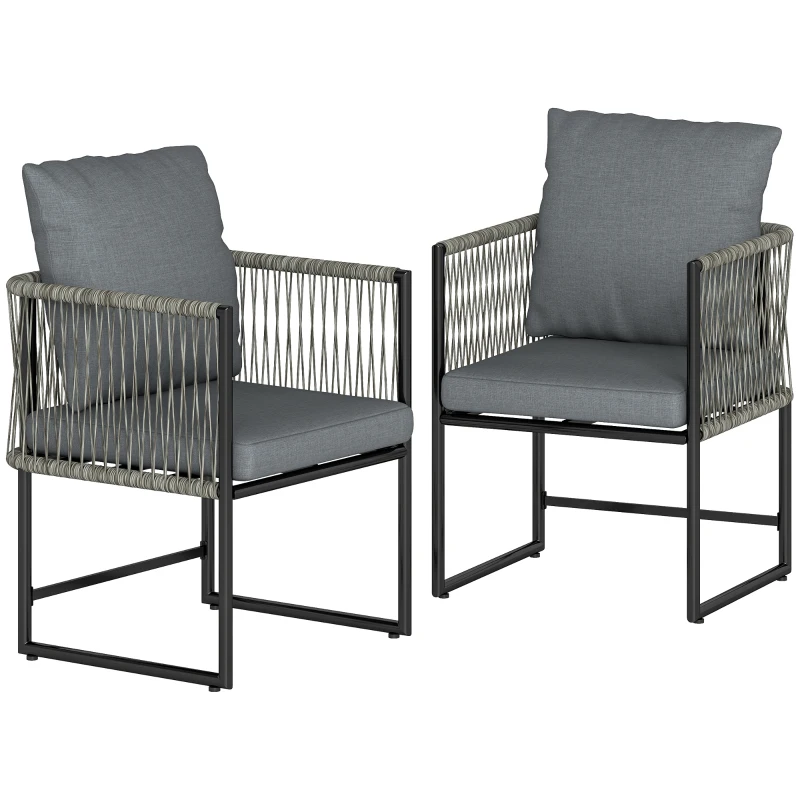 Outsunny Gartenstuhl 2er Set wetterfest Gartenstühle aus Stahl PE-Rattan mit Kissen Armlehne Rückenlehne 52x52x66 cm Dunkelgrau