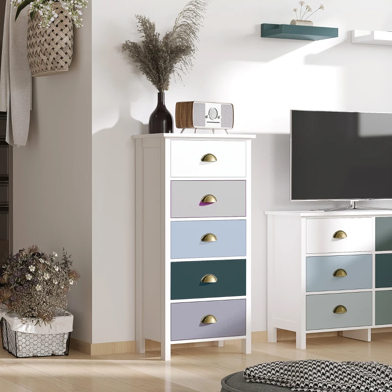 HOMCOM Chiffonnier commode meuble de rangement 5 tiroirs multicolores avec poignée métal coquille MDF - dim. 45L x 30l x 95,4H cm