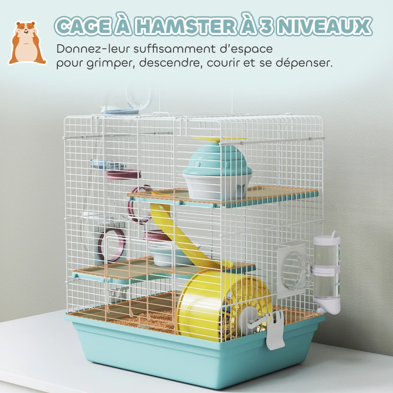 PawHut Cage hamster, cage rongeur à 3 niveaux, avec roue d'exercice, tunnel de jeu, gamelle, cabane, 34,5 x 27,5 x 41 cm, bleu