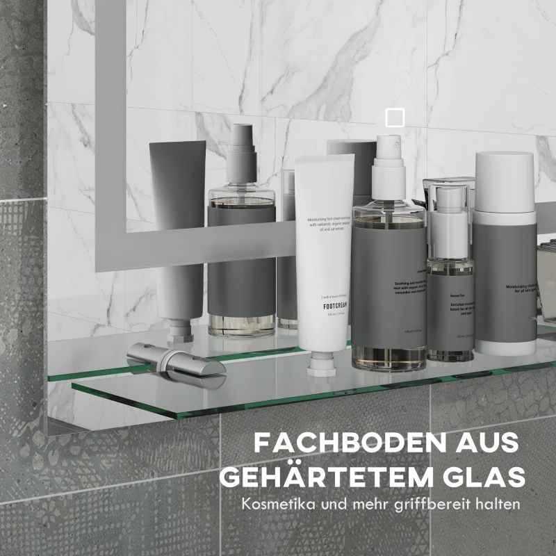 kleankin Badezimmerspiegel mit LED-Beleuchtung, 3 Lichtfarben, Antibeschlag-Funktion, verkabelt, 70 x 50 cm
