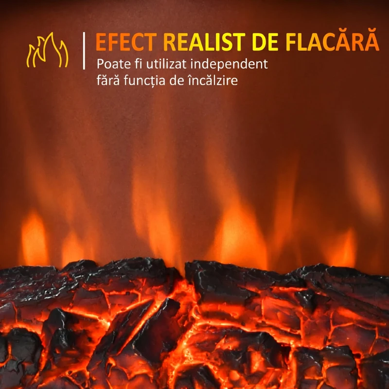 Șemineu Electric Portabil HOMCOM 1000W/2000W cu Efect de Flacără, din ABS și Sticlă Temperată, 36,5x24x45,5 cm, Negru