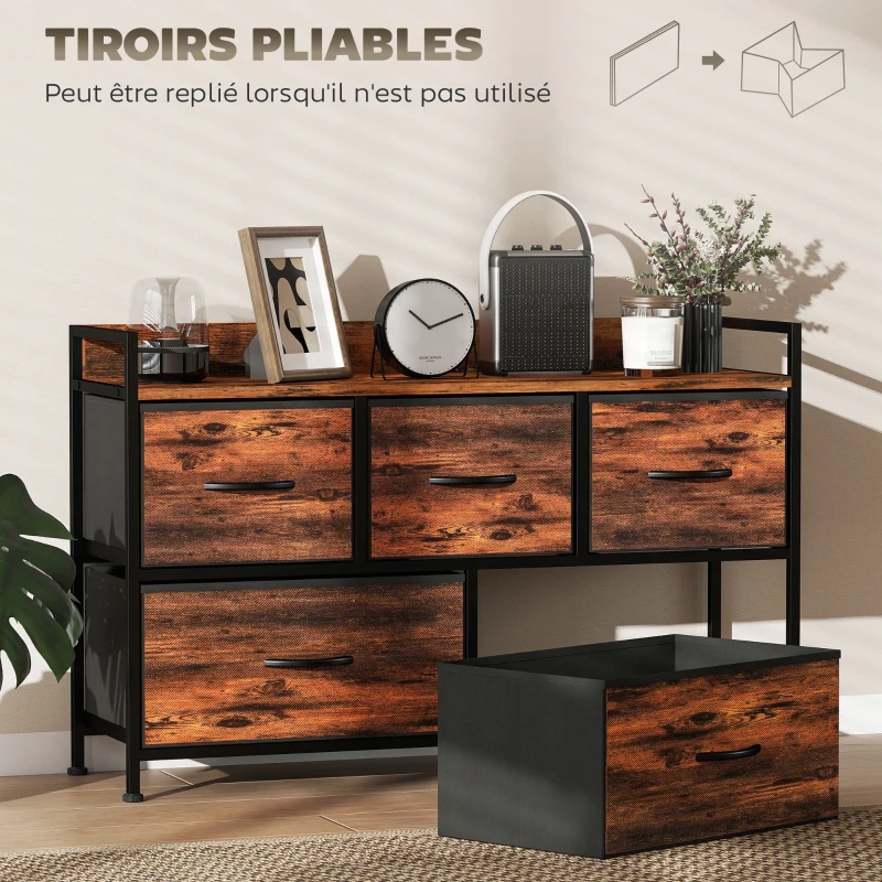 HOMCOM Commode, meuble de rangement avec 5 tiroirs en tissu pliables, plateau et cadre en acier, 98 x 29 x 63 cm, brun rustique
