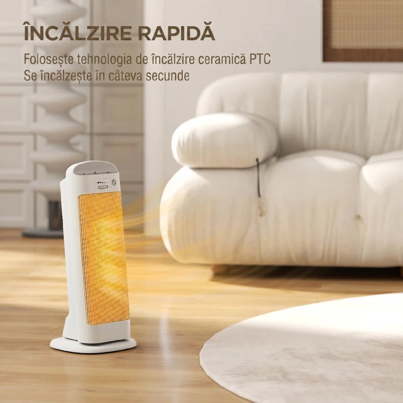 HOMCOM Încălzitor electric ceramic 2000W, 4 moduri și încălzire reglabilă, oscilație la 55°, alb
