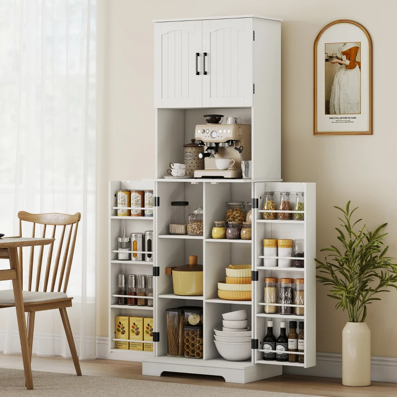 HOMCOM Buffet haut cuisine armoire de cuisine, 4 portes plan de travail 8 porte-épices étagères réglables 60x40x181,5cm blanc(m-8)