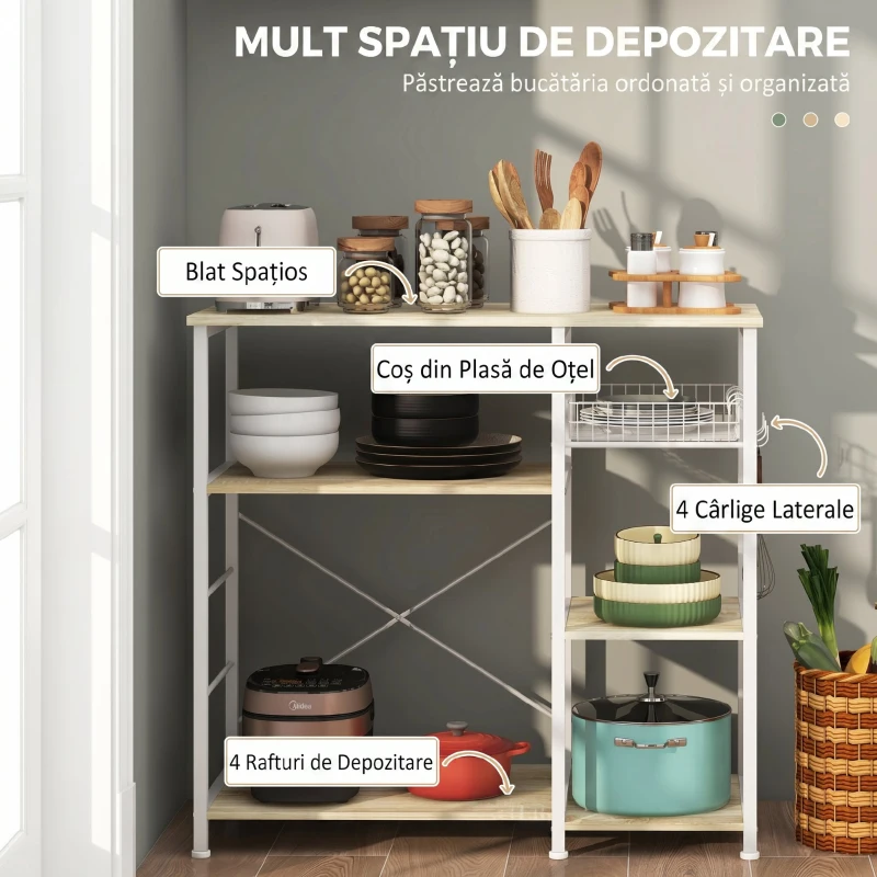 HOMCOM Dulap de Bucătărie Modern cu 4 Rafturi, Coș și Cârlige din Lemn și Oțel, 90x40x84.5cm, Stejar și Alb