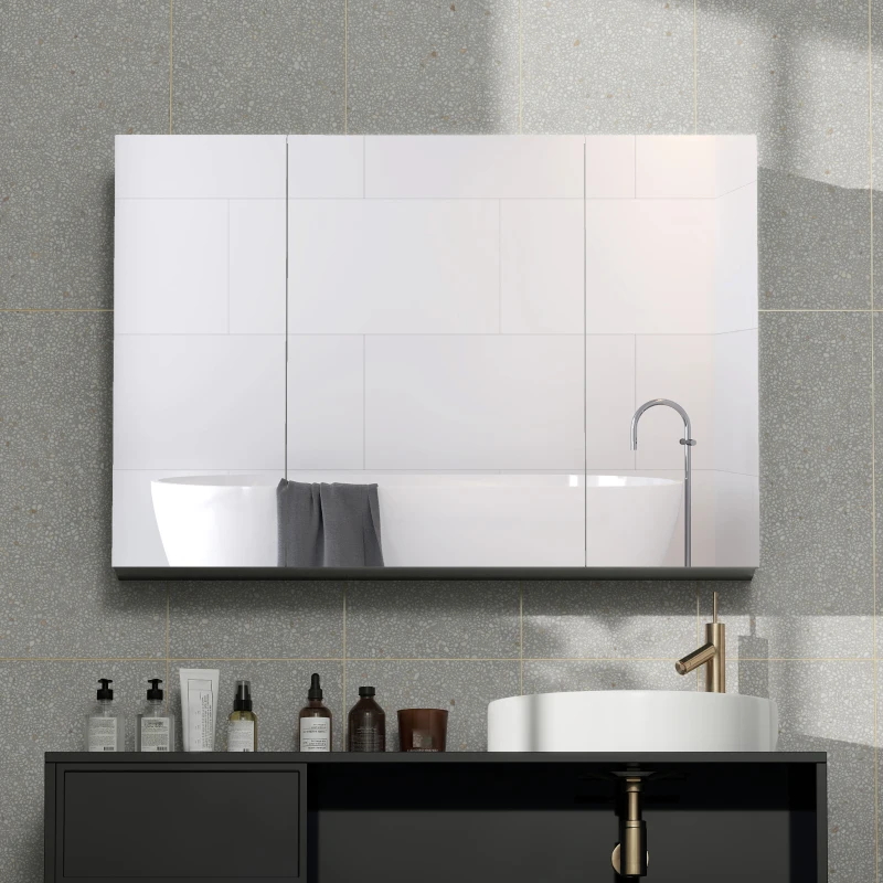 kleankin Armoire murale de salle de bain avec 3 portes miroir et étagères réglables en MDF Gris dim. 90L x 15l x 60H cm