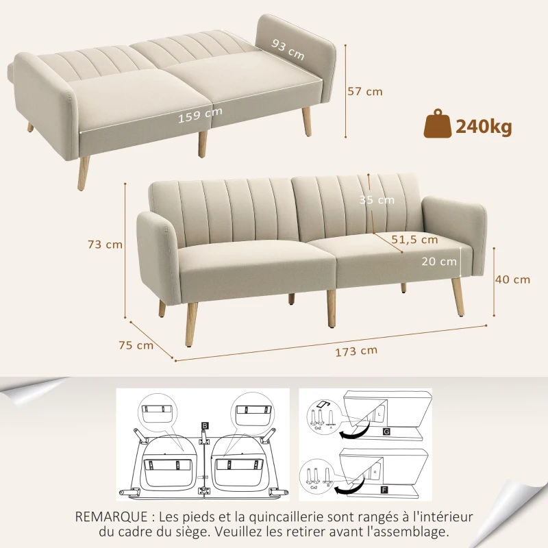 HOMCOM Canapé Convertible 2 Places Design scandinave Dossier inclinable 3 Positions Pieds Bois Tissu Aspect Lin Beige