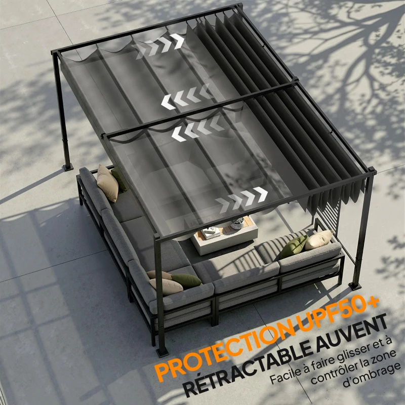 Outsunny Pergola de Jardin Tonnelle à Vigne UV50+ Toit Rétractable Panneaux d'Intimité pour Plantes Grimpantes 3x4m Gris Foncé