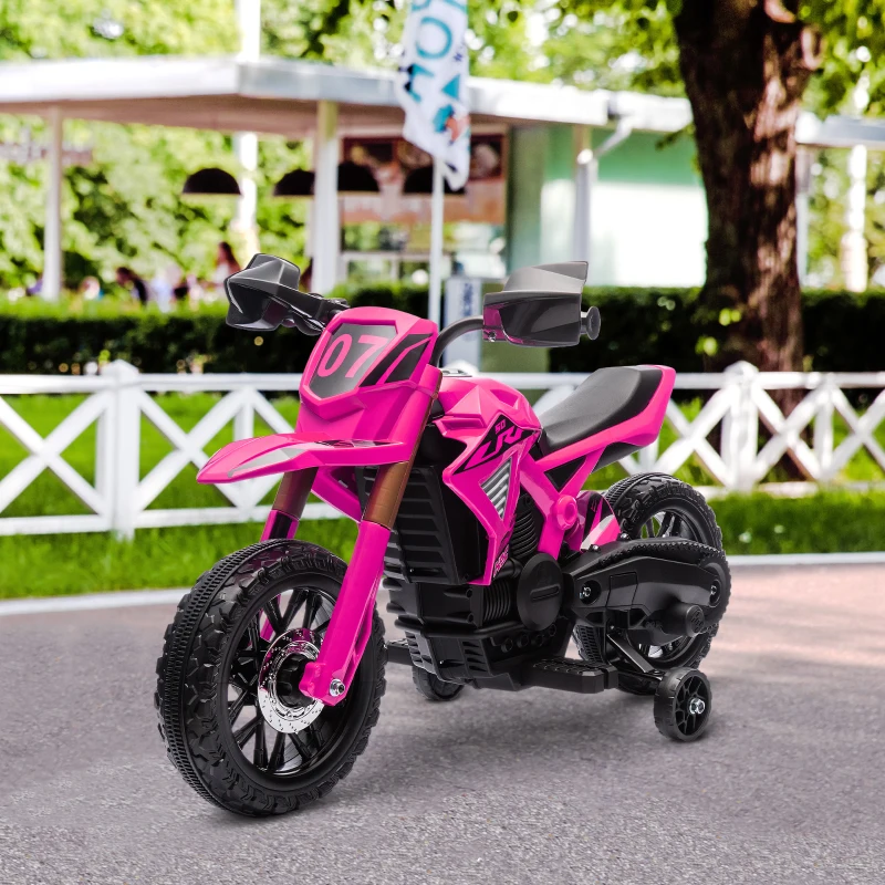 AIYAPLAY Moto cross électrique pour enfants 3-8 ans, batterie 6 V, 2 moteurs, klaxon et roues d'entraînement, charge 30KG, rose(m-10)