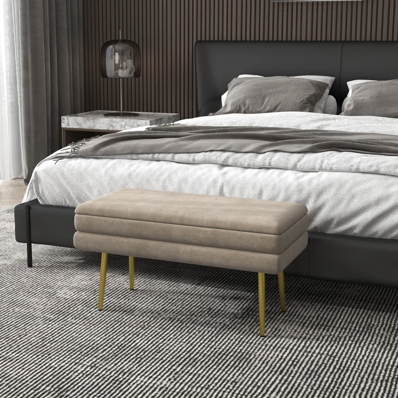 HOMCOM Banc banquette coffre de rangement 2 en 1 assise aspect velours et pieds acier - 79,5L x 37,5P x 43H cm beige et doré