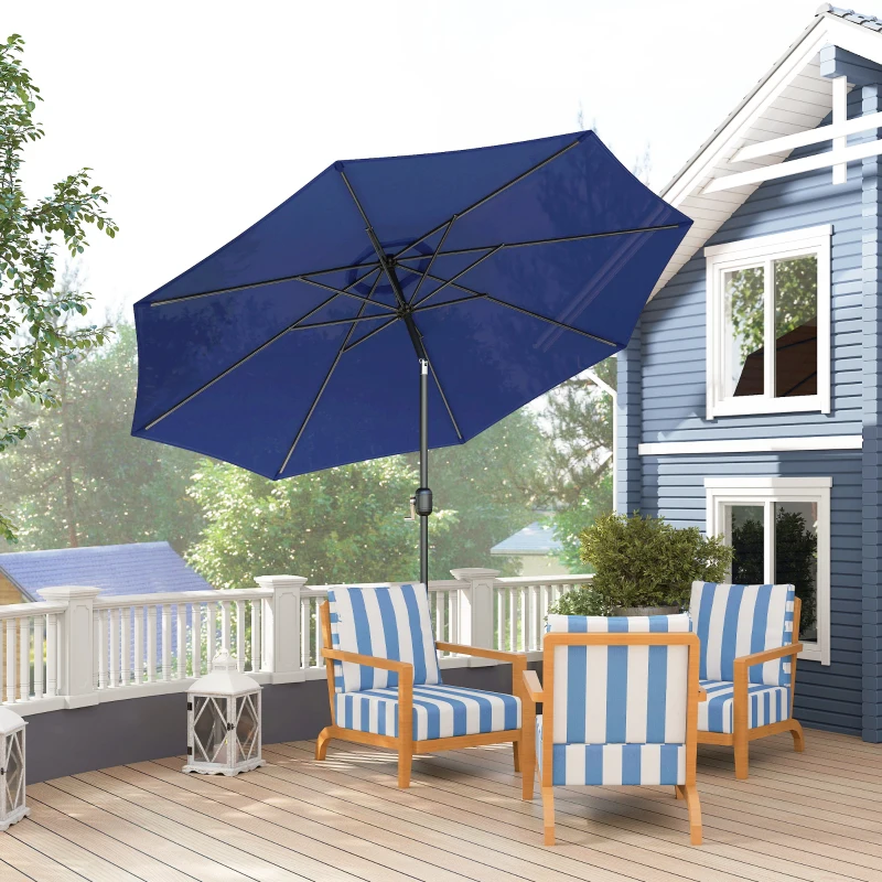 Outsunny Parasol de jardin extérieur Parasol droit inclinable Ø 3 m en métal Rond Polyester 180g/m² manivelle inclinable Bleu