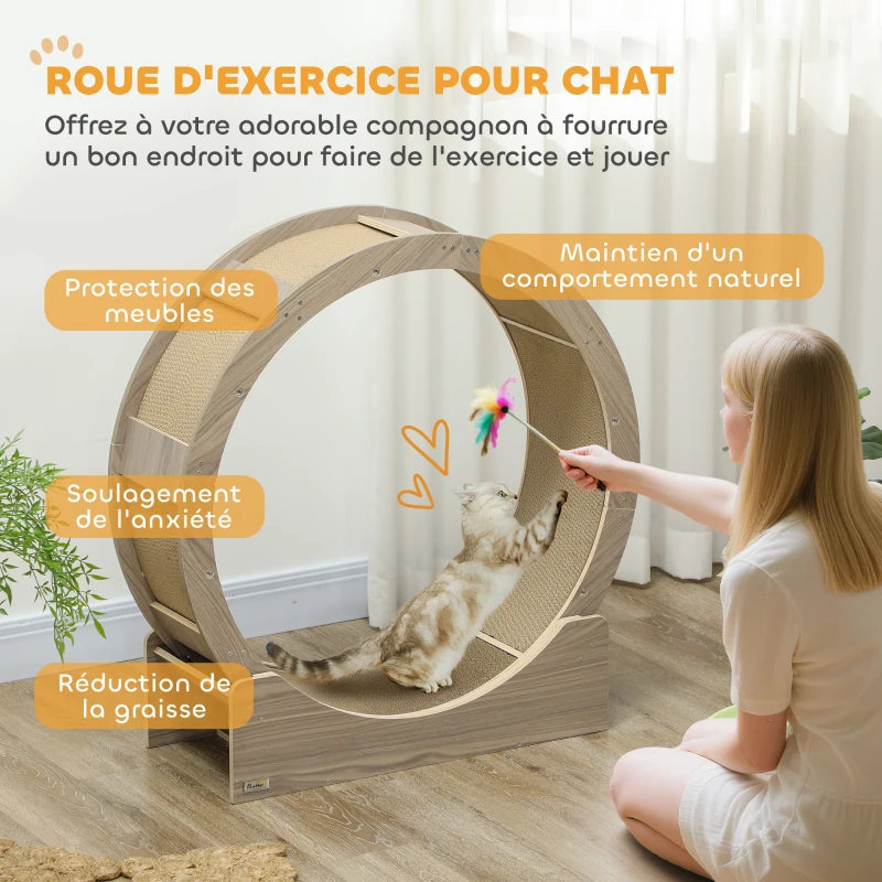 PawHut Roue d'exercice pour chat roue de course pour chat frein sécurisé et tapis de grattage amovible silencieux 91 cm marron